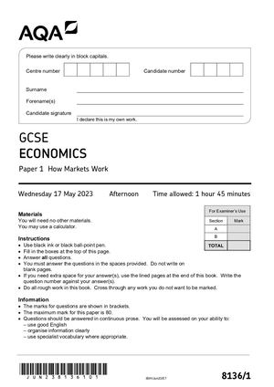 2023 AQA GCSE ECONOMICS PAPER 1 QUESTION PAPER (8136/1: How Markets Work).