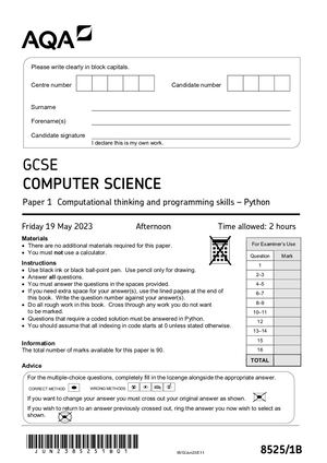 2023 AQA GCSE COMPUTER SCIENCE PAPER 1B QUESTION PAPER (8525/1B: Computational thinking and programming skills – Python).