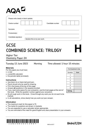 2023 AQA GCSE COMBINED SCIENCE: TRILOGY PAPER 2H QUESTION PAPER (8464/C/2H).