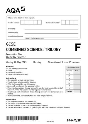 2023 AQA GCSE COMBINED SCIENCE: TRILOGY PAPER 1F QUESTION PAPER (8465/C/1F).