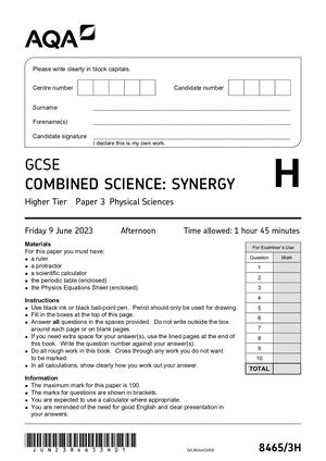 2023 AQA GCSE COMBINED SCIENCE: SYNERGY PAPER 3 QUESTION PAPER (8465/3H:  Physical Sciences).