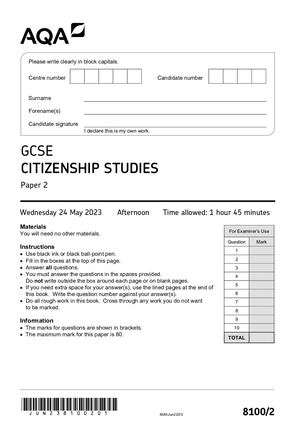 2023 AQA GCSE CITIZENSHIP STUDIES PAPER 2 QUESTION PAPER (8100/2).