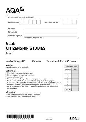 2023 AQA GCSE CITIZENSHIP STUDIES PAPER 1 QUESTION PAPER (8100/1).