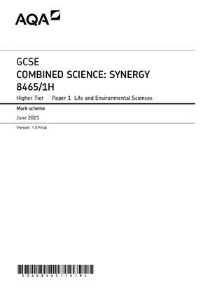2023 AQA GCSE COMBINED SCIENCE: SYNERGY PAPER 1 MARK SCHEME (8465/1H:  Life and Environmental Sciences).