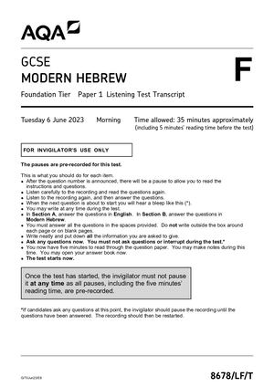 2023 AQA GCSE MODERN HEBREW PAPER 1 INSERT (8678/LF/T: Listening Test Transcript).