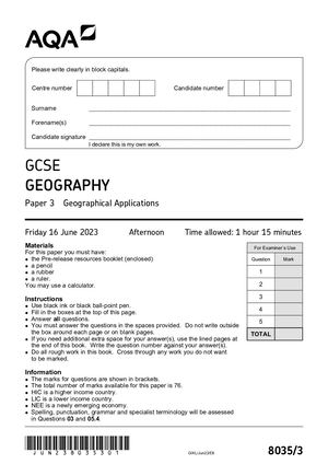 2023 AQA GCSE GEOGRAPHY PAPER 3 QUESTION PAPER (8085/3: Geographical Applications).