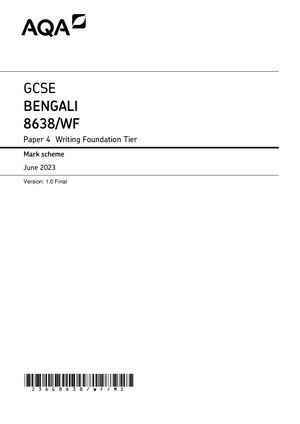 2023 AQA GCSE BENGALI PAPER 4 MARK SCHEME (8638/WF: Writing Foundation Tier).