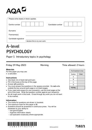2023 AQA A LEVEL PSYCHOLOGY PAPER 1 QUESTION PAPER (7182/1: Introductory topics in psychology).
