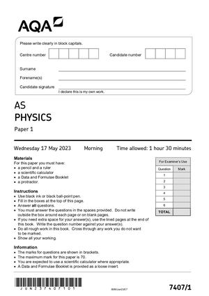 2023 AQA AS PHYSICS PAPER 1 QUESTION PAPER (7407/1).