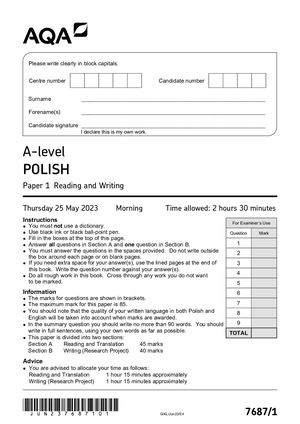 2023 AQA A LEVEL POLISH PAPER 1 QUESTION PAPER (7687/1: Reading and Writing).