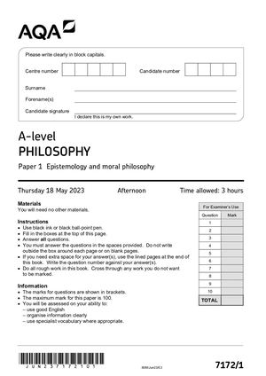 2023 AQA A LEVEL PHILOSOPHY PAPER 1 QUESTION PAPER (7682/1: Epistemology and moral philosophy).