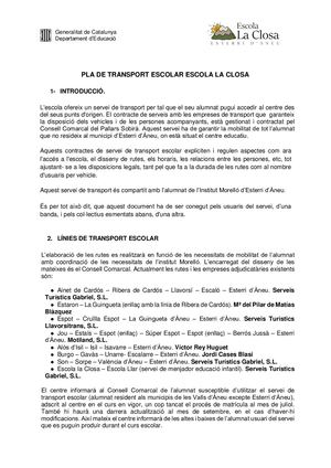 Pla Transport Escolar Escola la Closa