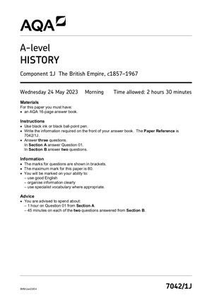 2023 AQA A LEVEL HISTORY PAPER 1J QUESTION PAPER (7042/1J: The British Empire, c1857–1967).