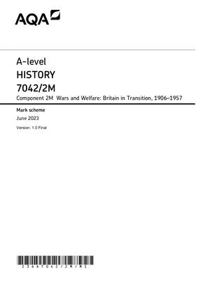 2023 AQA A LEVEL HISTORY PAPER 2M MARK SCHEME (7042/2M: Wars and Welfare: Britain in Transition, 1906–1957).