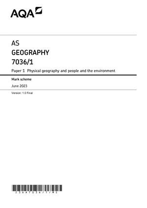 2023 AQA AS GEOGRAPHY PAPER 1 MARK SCHEME (7036/1: Physical geography and people and the environment).