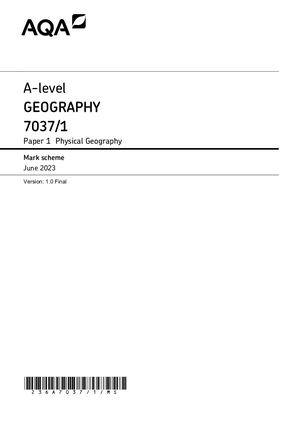 2023 AQA A LEVEL GEOGRAPHY PAPER 1 MARK SCHEME (7037/1: Physical Geography).
