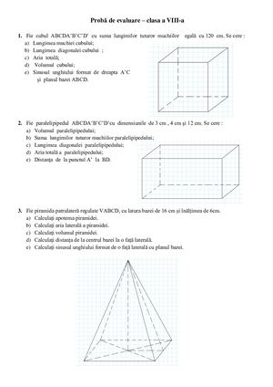 Probă De Evaluare Arii Si Volume ( Prisme Si Piramide)