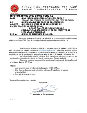 Informe Nº 012 Remito 40 Solicitudes De Incorporacion Y 02 Solicitudes De Segunda Especialidad Al Cip Cd Puno