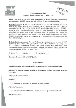 Séance du conseil municipal du lundi 6 mai 2024
