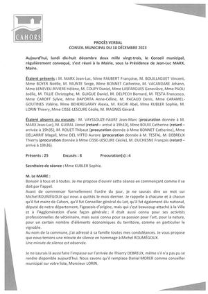 Procès verbal du conseil municipal - Séance du 18 décembre 2023