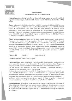Procès verbal du conseil municipal - Séance du 23 février 2024