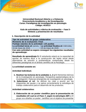 Guía De Actividades Y Rúbrica De Evaluación Fase 5 Síntesis Y Presentación De Resultados