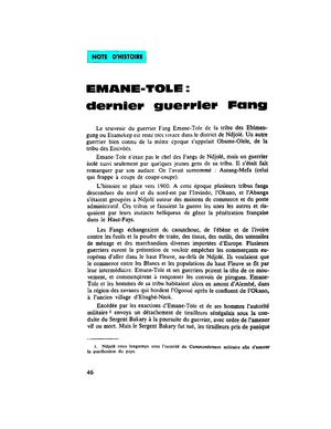 Emane-Tole: Dernier Guerrier Fang, Par F. Meye, In: Réalités Gabonaises Num. 26, 1965