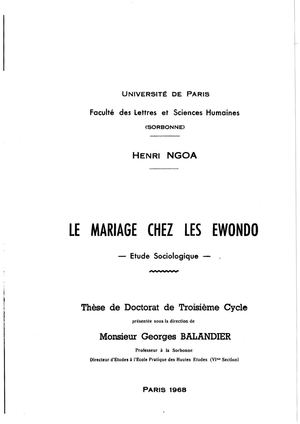 Le Mariage Chez Les Ewondo, Thèse Par H. NGOA, PARIS SORBONNE, 1968, ( PROV. JL-EM )