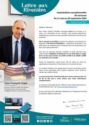 Lettre Aux Riverains : Implantations exceptionnelles de terrasses Du 11 mai au 28 septembre 2024 à Meaux
