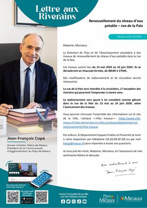 Lettre Aux Riverains : Renouvellement du réseau d’eau potable – rue de la Paix à Meaux