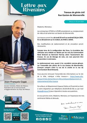 Lettre Aux Riverains : Travaux de génie civil Rue Gaston de Monnerville à Meaux
