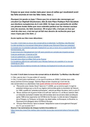 Topo Sur Les Fake News Sur Raphaël Glucksmann