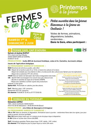Programme Printemps à la ferme - Fermes en fête GERS 1er mai au 3 juin 2024