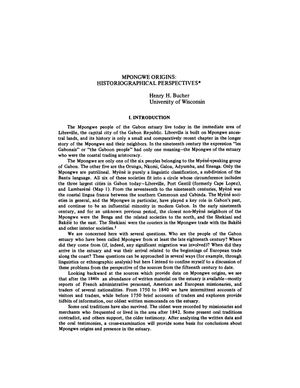Mpongwe Origins: Historiographical Perspectives, Par Henry H. Bucher, In: History in Africa, Vol. 2, 1975