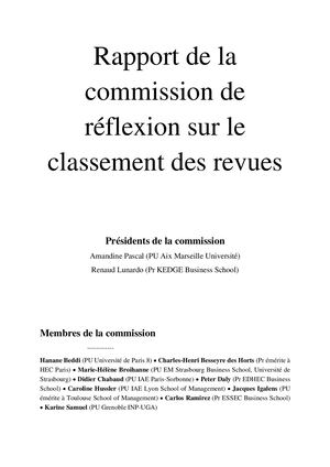 Rapport Commission De Réflexion Sur Le Classement Des Revues