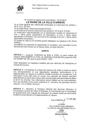 24-AT-0810 Arrêté De Réglementation Du Stationnement, Rue Robert Le Coq à Amiens, Jusqu'au 14/06/2024