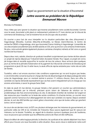 Cgt Ascometal Hagondange Lettre Ouverte à Emmanuel Macron