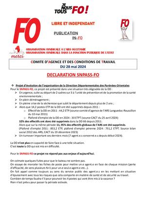 ARS Occitanie Déclaration FORCE OUVRIERE CACT  du 28 mai 2024