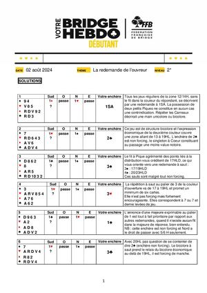 127. Solution Votre Bridge Hebdo Débutant 02 08 2024