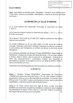 Ar1-2024-00563 Arrête De Sonorisation Du Domaine Public, 3 Place Dewailly à Amiens, Festival De La Photo Des Hauts De France, Du 14/06 Au 17/06/2024