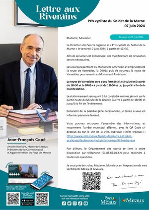 Lettre Aux Riverains Prix cycliste du Soldat de la Marne 07 juin 2024 - Meaux