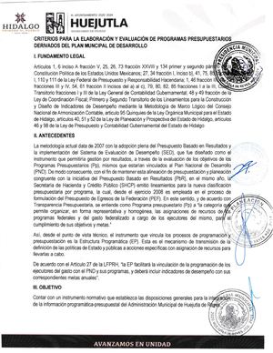 Criterios para la elaboración y evaluación de programas presupuestarios derivados del Plan Municipal de Desarrollo