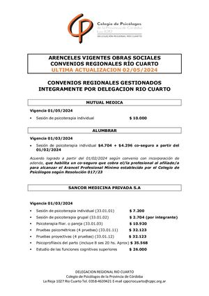 Aranceles Convenios Regionales Rio Cuarto 2024 Actualizados