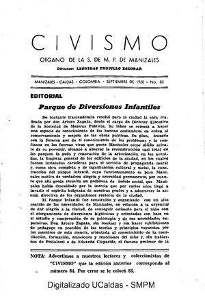 Revista Civismo N° 85 Septiembre de 1950. SMP Manizales