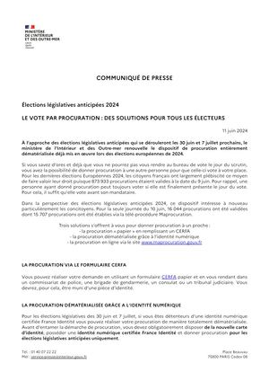 11 06 2024 Communique De Presse Élections Législatives Anticipées 2024 Le Vote Par Procuration 110624