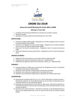 Ordre du jour - Conseil Municipal du 19 juin 2024