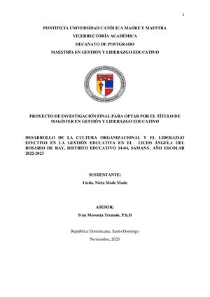 DESARROLLO DE LA CULTURA ORGANIZACIONAL Y EL LIDERAZGO EFECTIVO EN LA GESTIÓN EDUCATIVA EN EL LICEO ÁNGELA DEL ROSARIO DE RAY, DISTRITO EDUCATIVO 14-04, SAMANÁ, AÑO ESCOLAR 2022-2023
