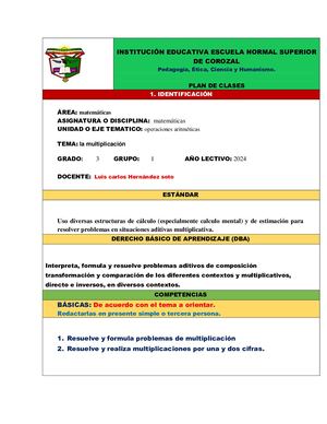 Plan De Clases De Multiplicacion