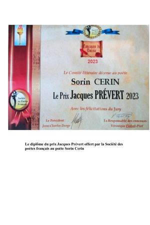 Sorin Cerin - Le Diplôme, La Médaille, La Motivation Du Prix Et Le Palmarès Final Prix Jacques Prévert 2023