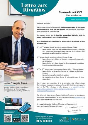 Lettre aux riverains de Meaux : Travaux de nuit SNCF Rue Jean Bureau